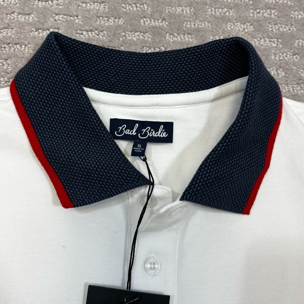 Bad Birdie Pique Golf Polo White Dark Navy Red Shirt Short Sleeve Mens XL - Picture 2 of 7